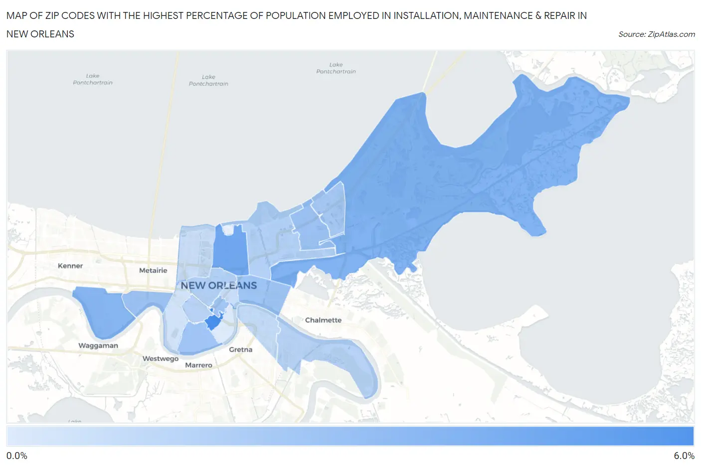 Zip Codes with the Highest Percentage of Population Employed in Installation, Maintenance & Repair in New Orleans Map