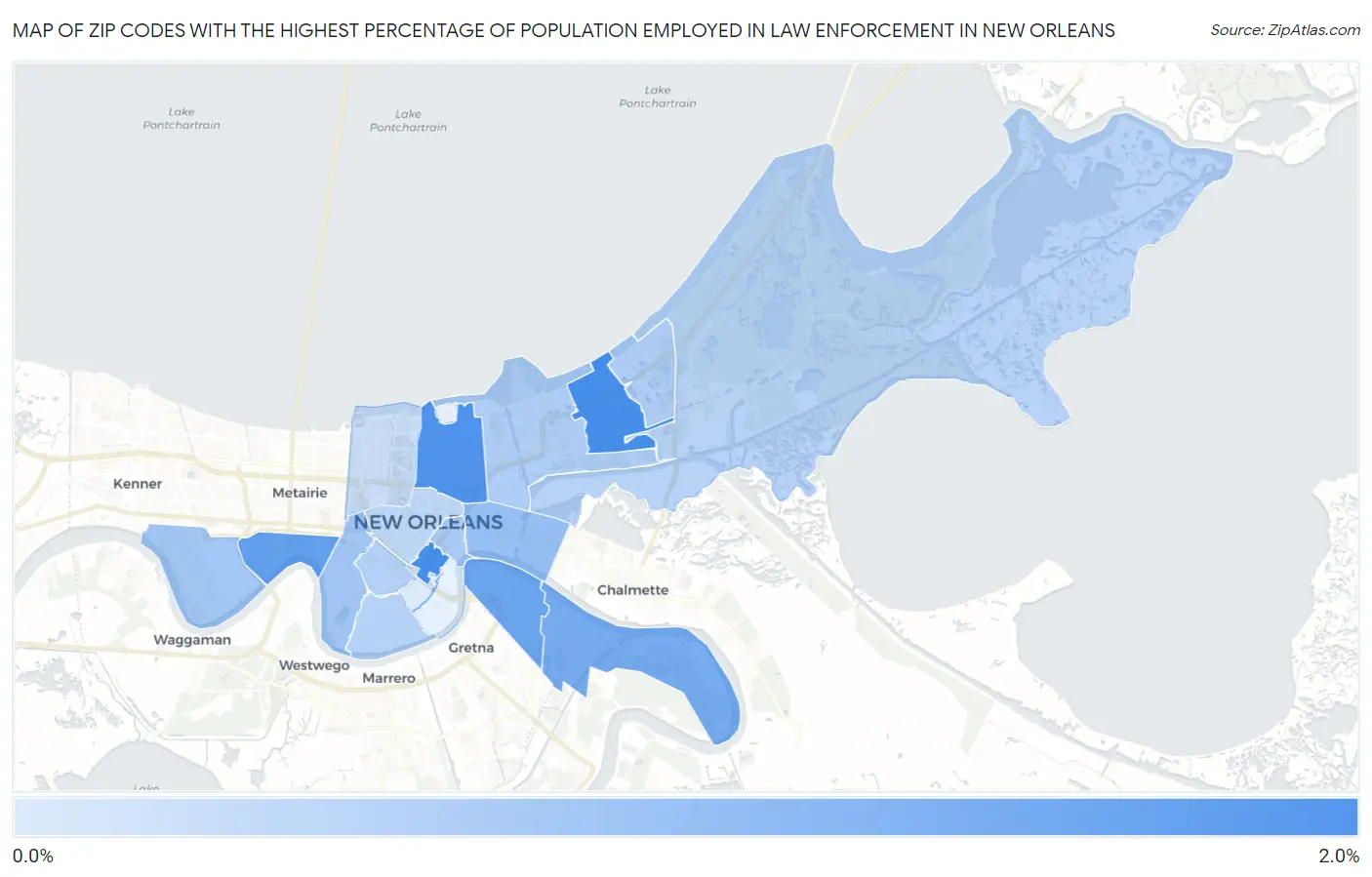 Zip Codes with the Highest Percentage of Population Employed in Law Enforcement in New Orleans Map