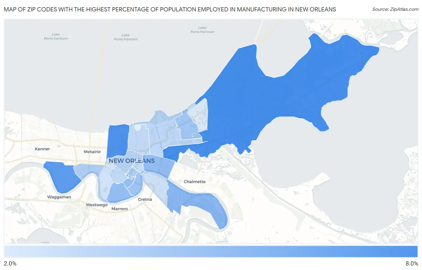 Zip Codes with the Highest Percentage of Population Employed in Manufacturing in New Orleans Map