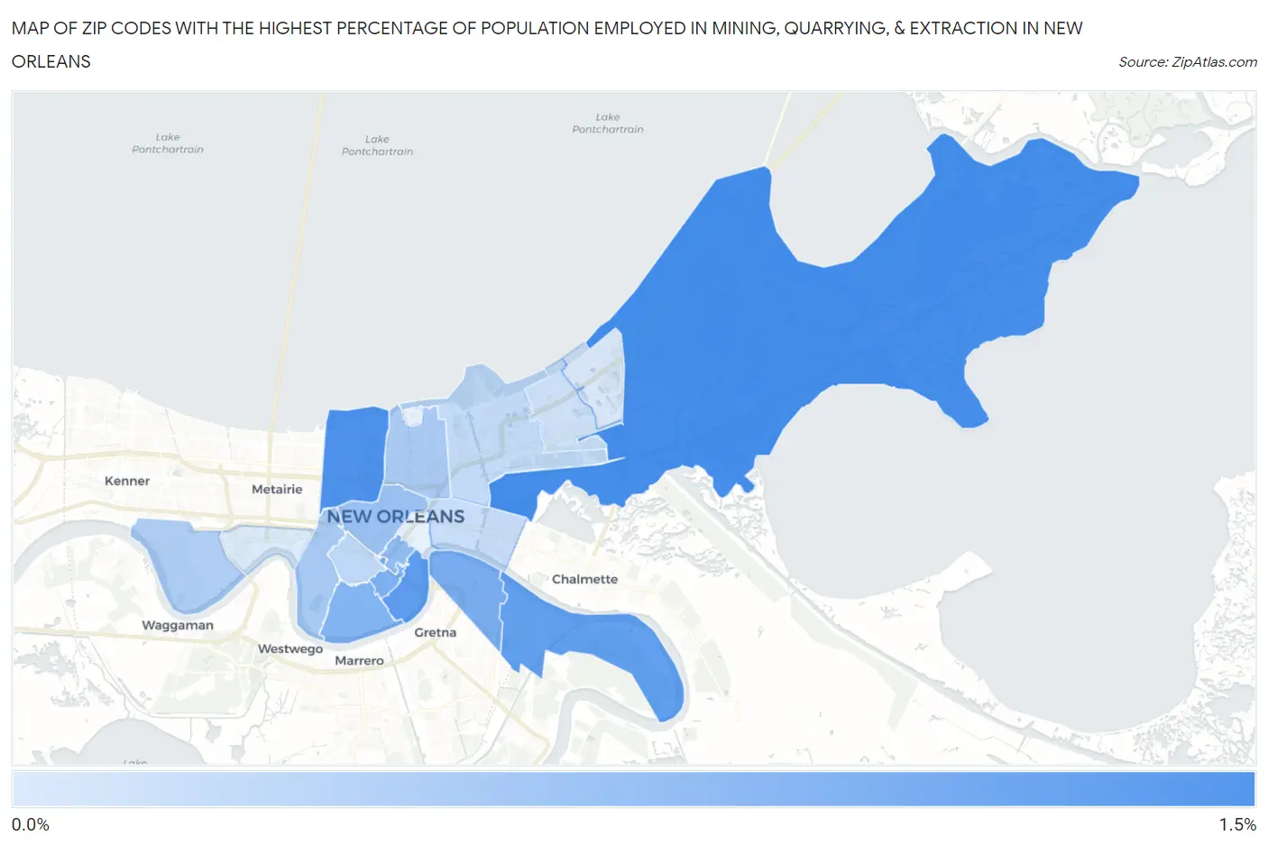 Zip Codes with the Highest Percentage of Population Employed in Mining, Quarrying, & Extraction in New Orleans Map
