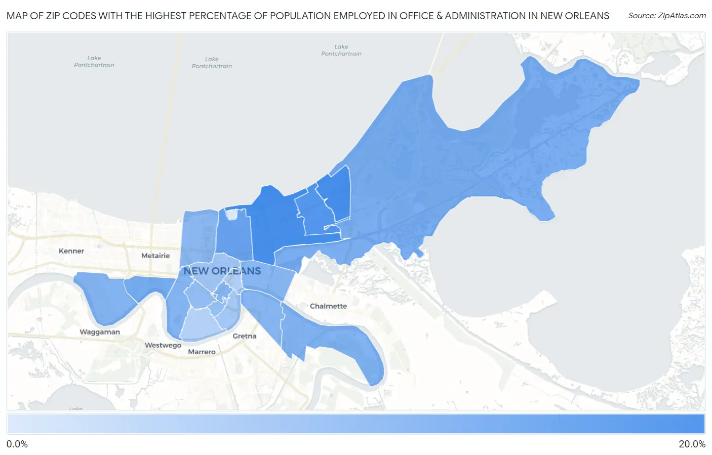 Zip Codes with the Highest Percentage of Population Employed in Office & Administration in New Orleans Map