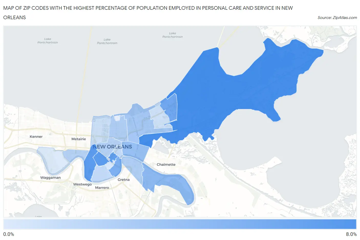Zip Codes with the Highest Percentage of Population Employed in Personal Care and Service in New Orleans Map