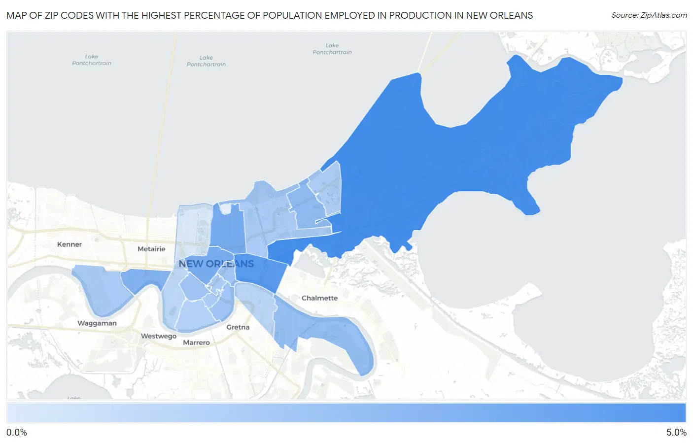 Zip Codes with the Highest Percentage of Population Employed in Production in New Orleans Map