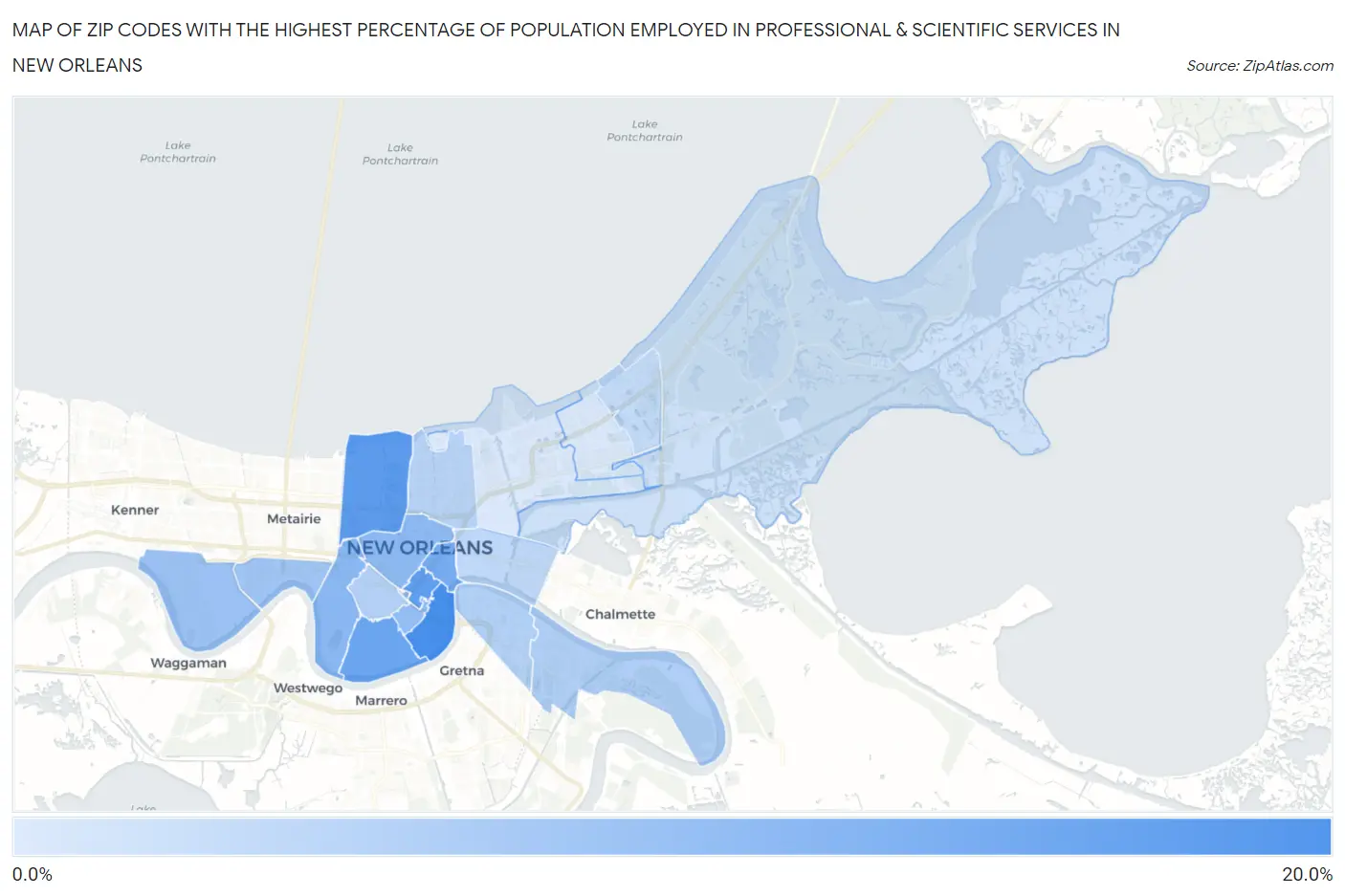Zip Codes with the Highest Percentage of Population Employed in Professional & Scientific Services in New Orleans Map