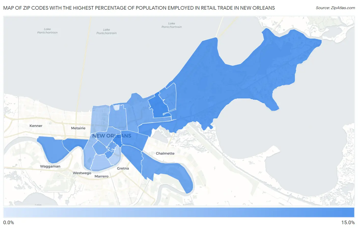 Zip Codes with the Highest Percentage of Population Employed in Retail Trade in New Orleans Map