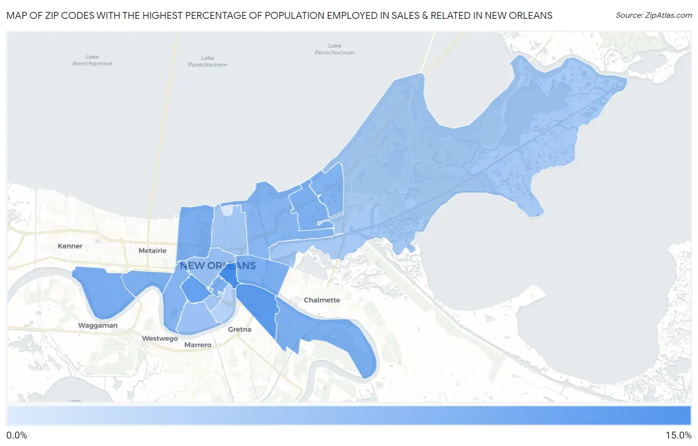 Zip Codes with the Highest Percentage of Population Employed in Sales & Related in New Orleans Map