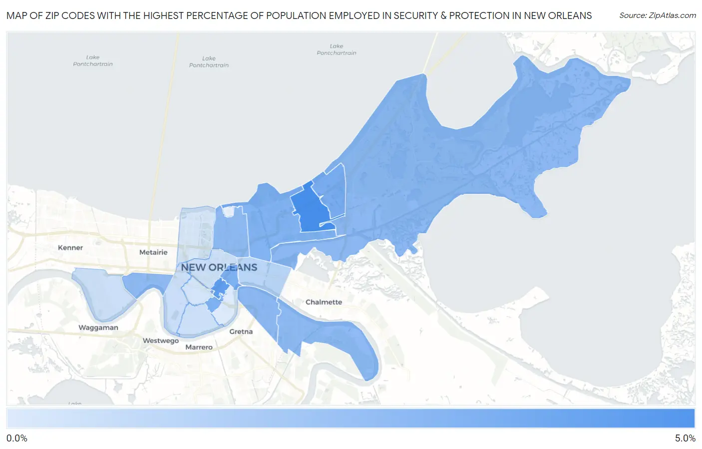 Zip Codes with the Highest Percentage of Population Employed in Security & Protection in New Orleans Map
