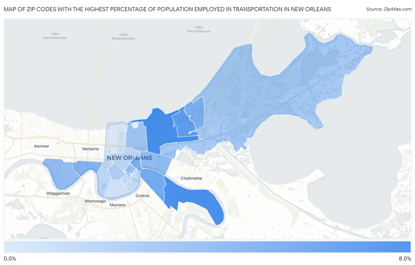 Zip Codes with the Highest Percentage of Population Employed in Transportation in New Orleans Map