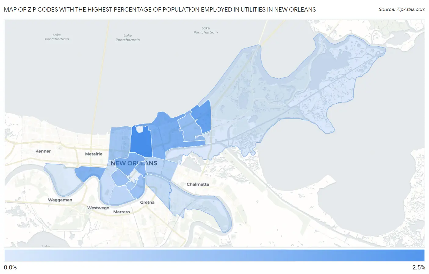 Zip Codes with the Highest Percentage of Population Employed in Utilities in New Orleans Map