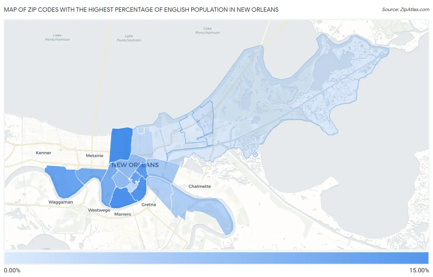 Zip Codes with the Highest Percentage of English Population in New Orleans Map