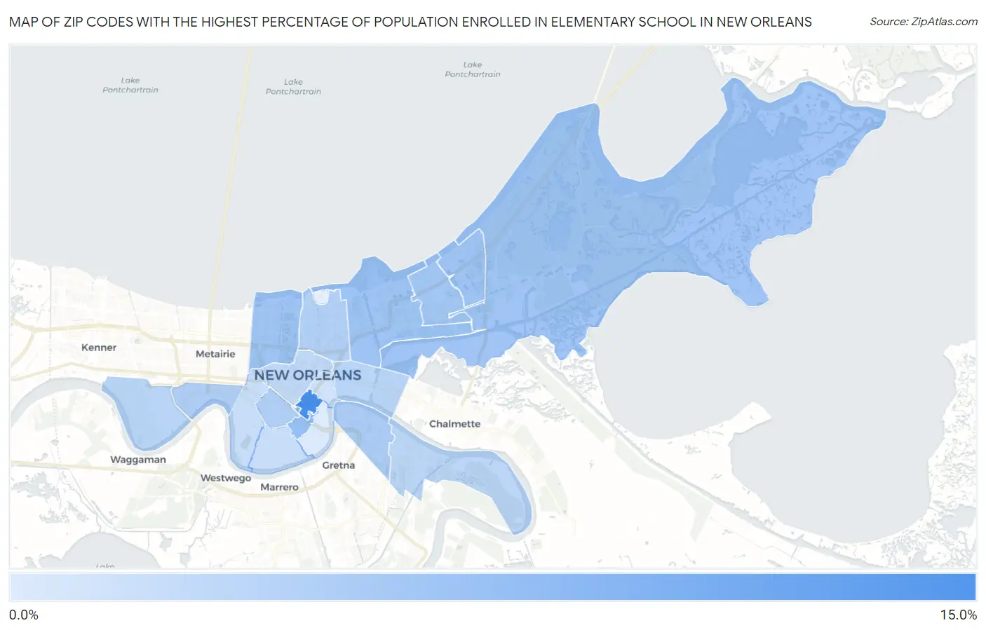 Zip Codes with the Highest Percentage of Population Enrolled in Elementary School in New Orleans Map