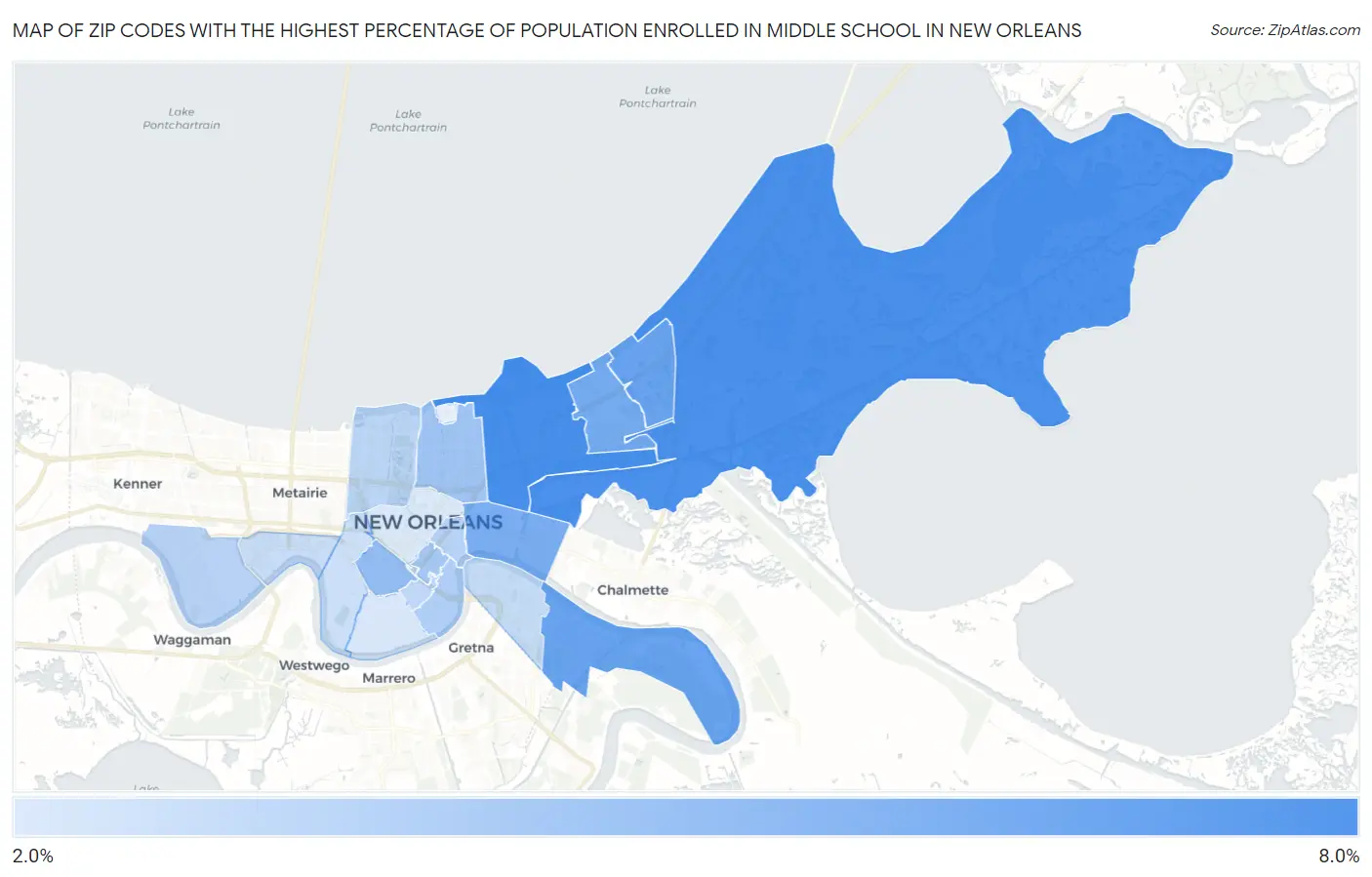 Zip Codes with the Highest Percentage of Population Enrolled in Middle School in New Orleans Map