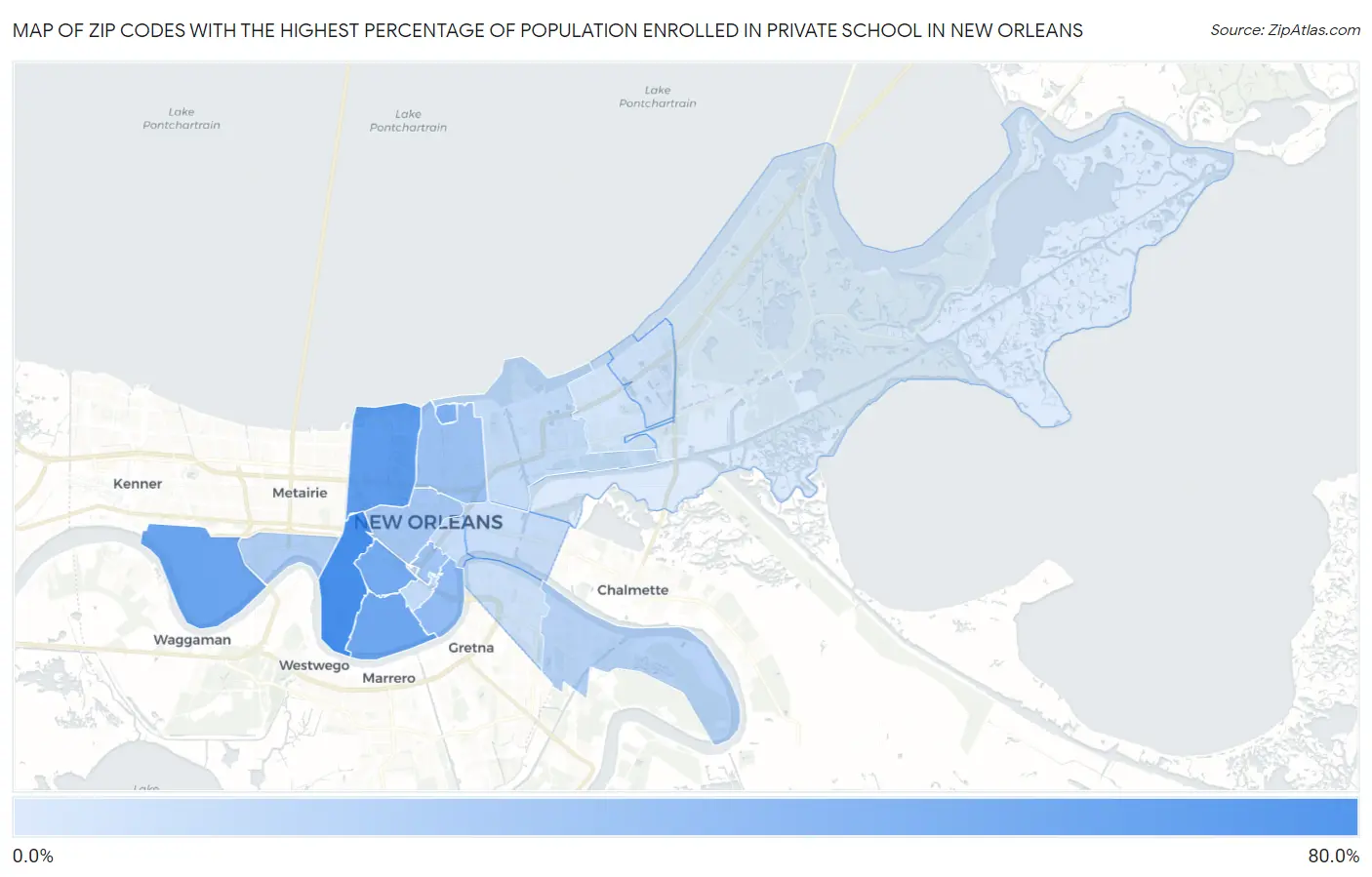 Zip Codes with the Highest Percentage of Population Enrolled in Private School in New Orleans Map