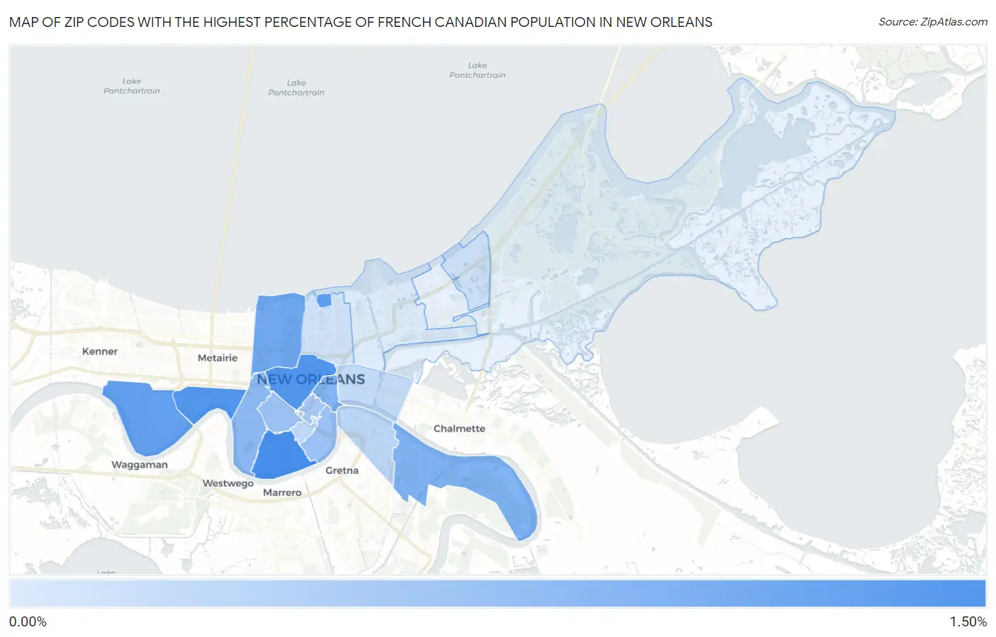 Zip Codes with the Highest Percentage of French Canadian Population in New Orleans Map
