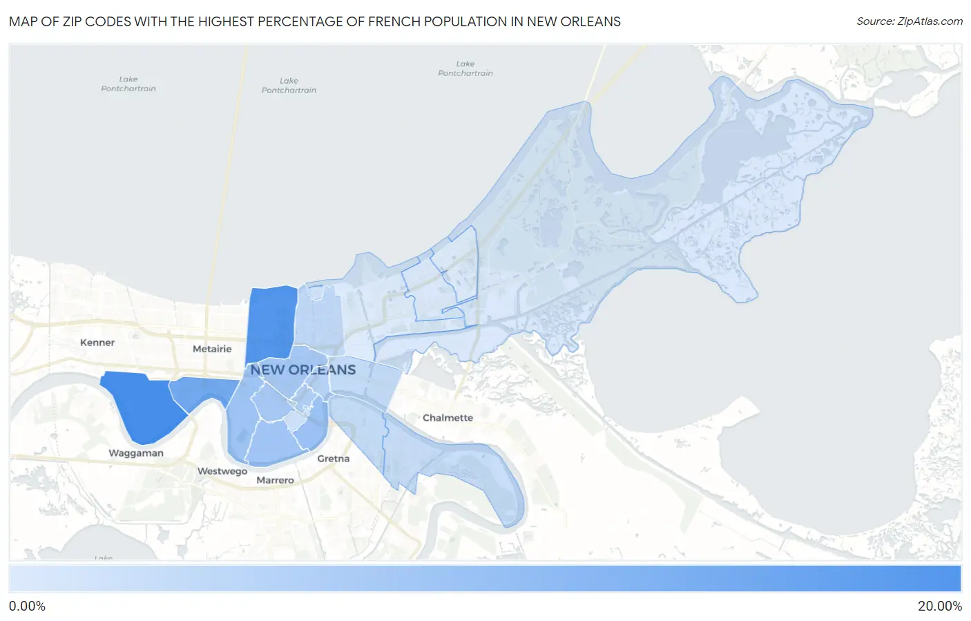 Zip Codes with the Highest Percentage of French Population in New Orleans Map
