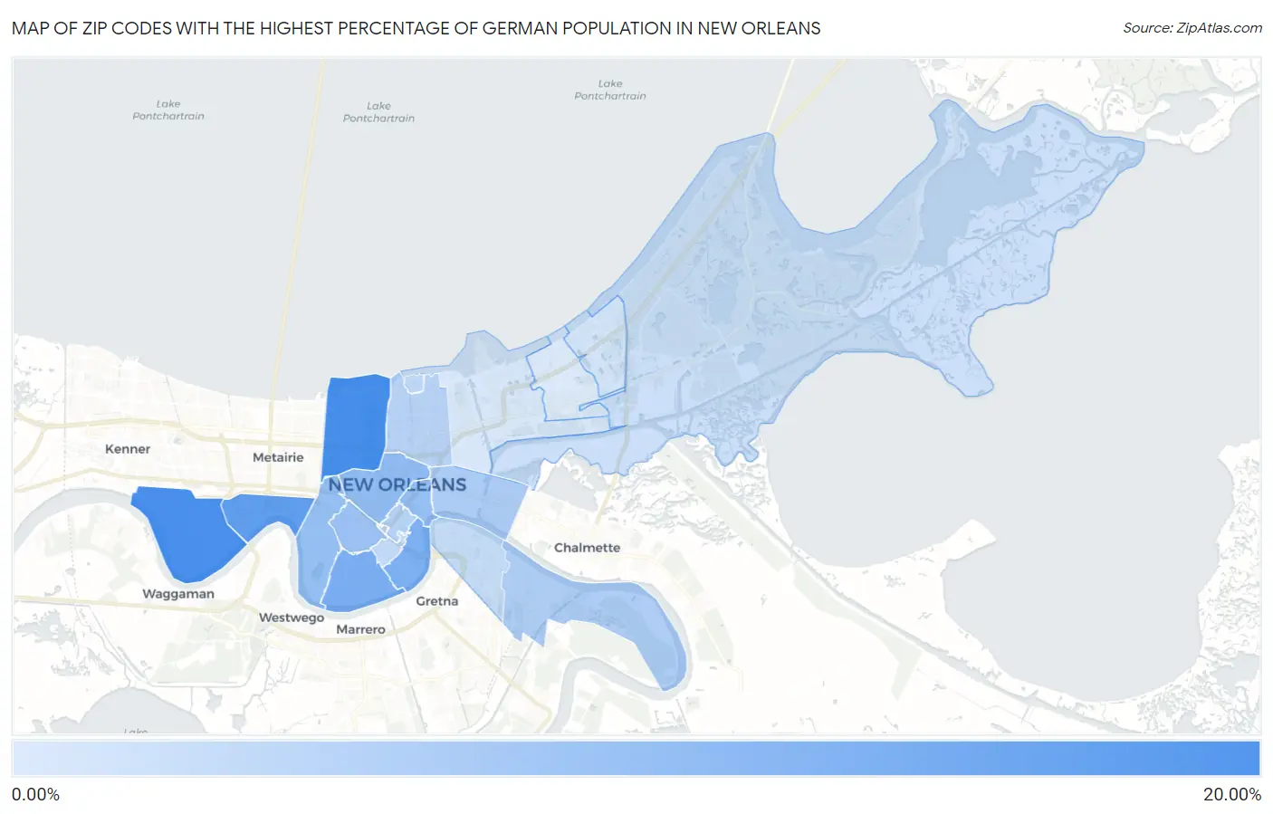 Zip Codes with the Highest Percentage of German Population in New Orleans Map