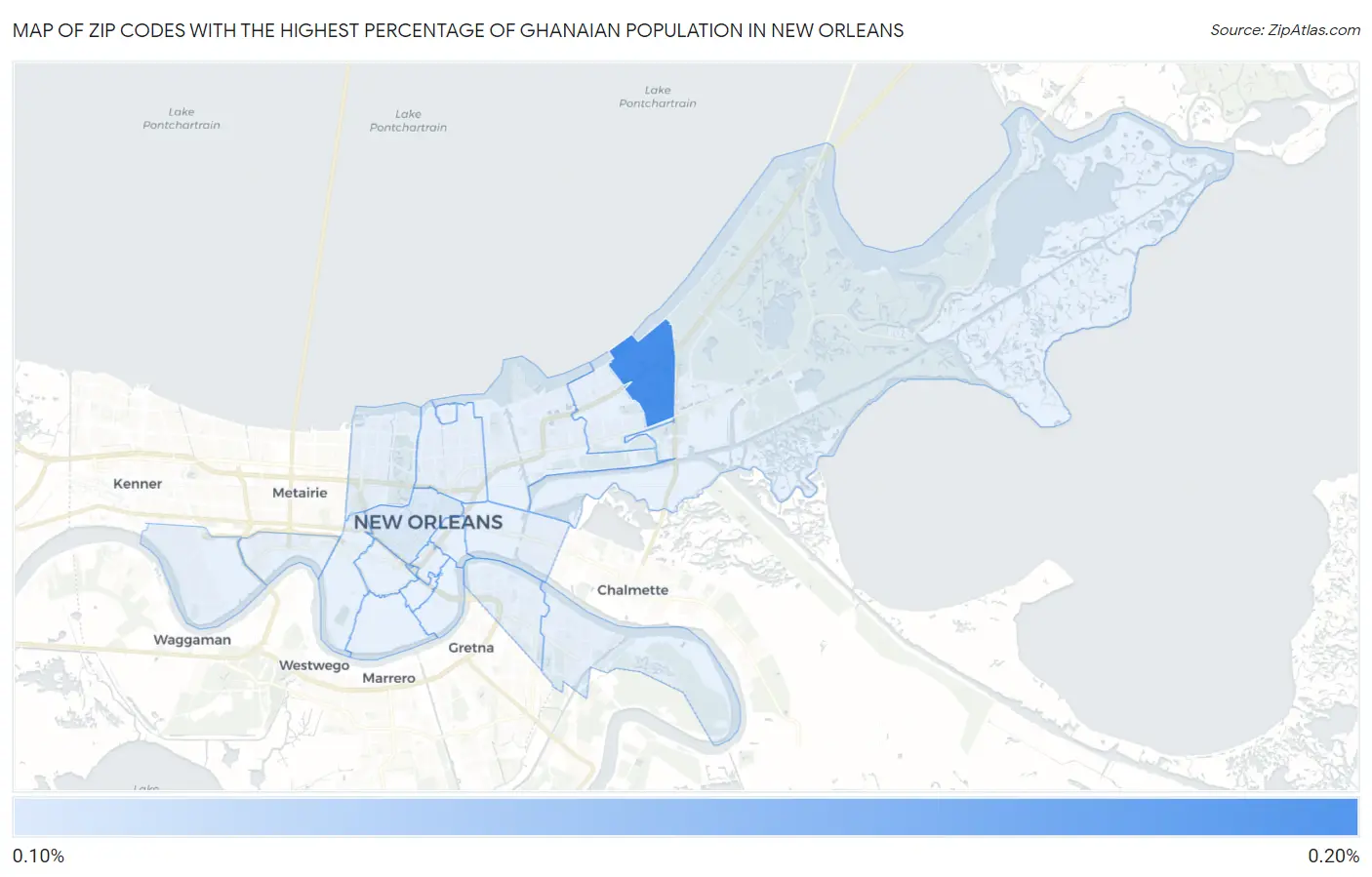 Zip Codes with the Highest Percentage of Ghanaian Population in New Orleans Map