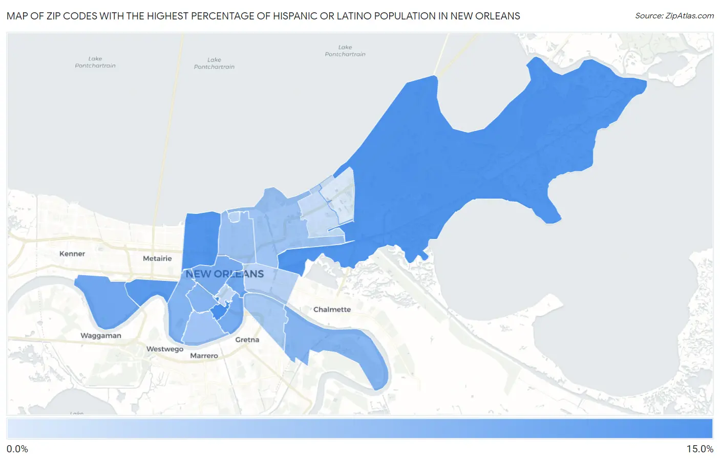 Zip Codes with the Highest Percentage of Hispanic or Latino Population in New Orleans Map