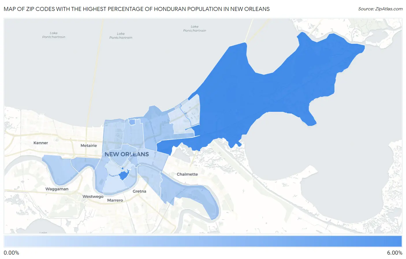 Zip Codes with the Highest Percentage of Honduran Population in New Orleans Map