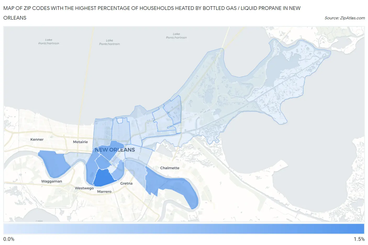 Zip Codes with the Highest Percentage of Households Heated by Bottled Gas / Liquid Propane in New Orleans Map