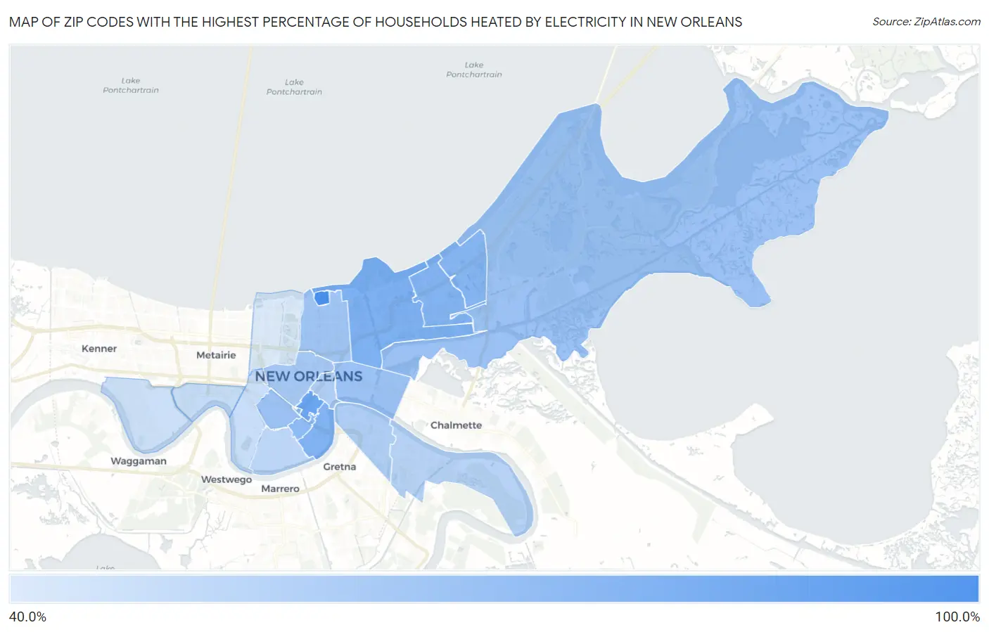 Zip Codes with the Highest Percentage of Households Heated by Electricity in New Orleans Map