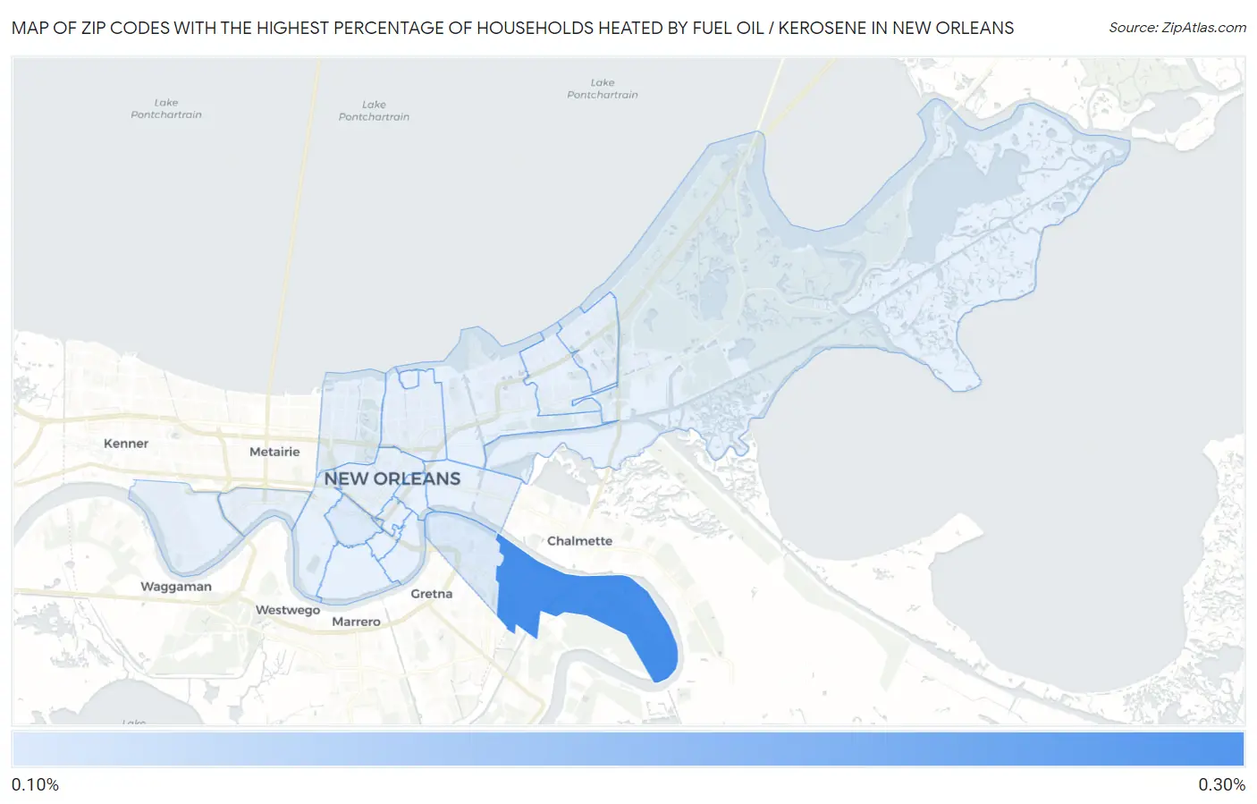 Zip Codes with the Highest Percentage of Households Heated by Fuel Oil / Kerosene in New Orleans Map