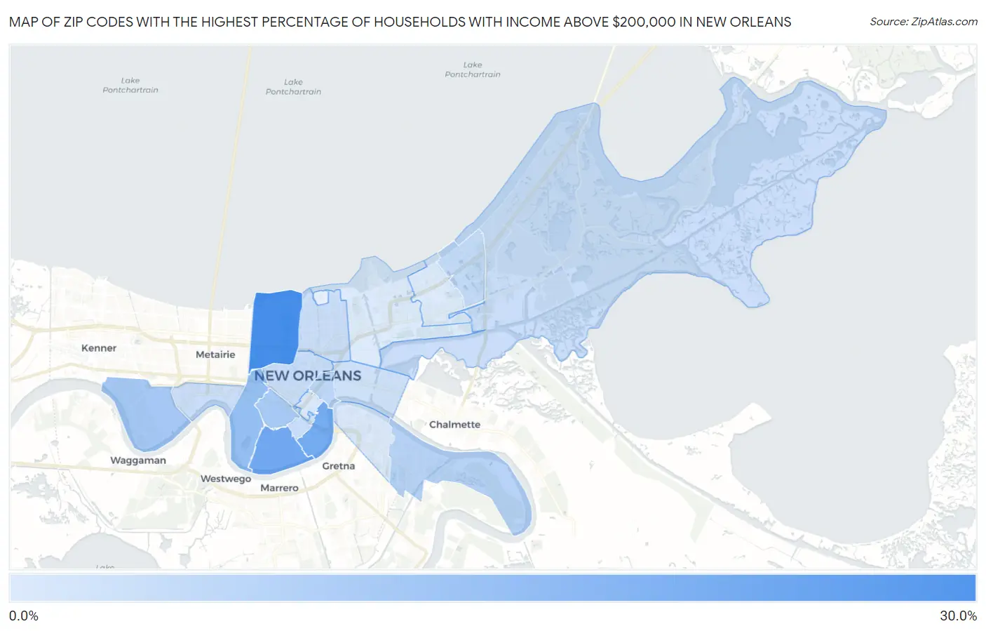 Zip Codes with the Highest Percentage of Households with Income Above $200,000 in New Orleans Map