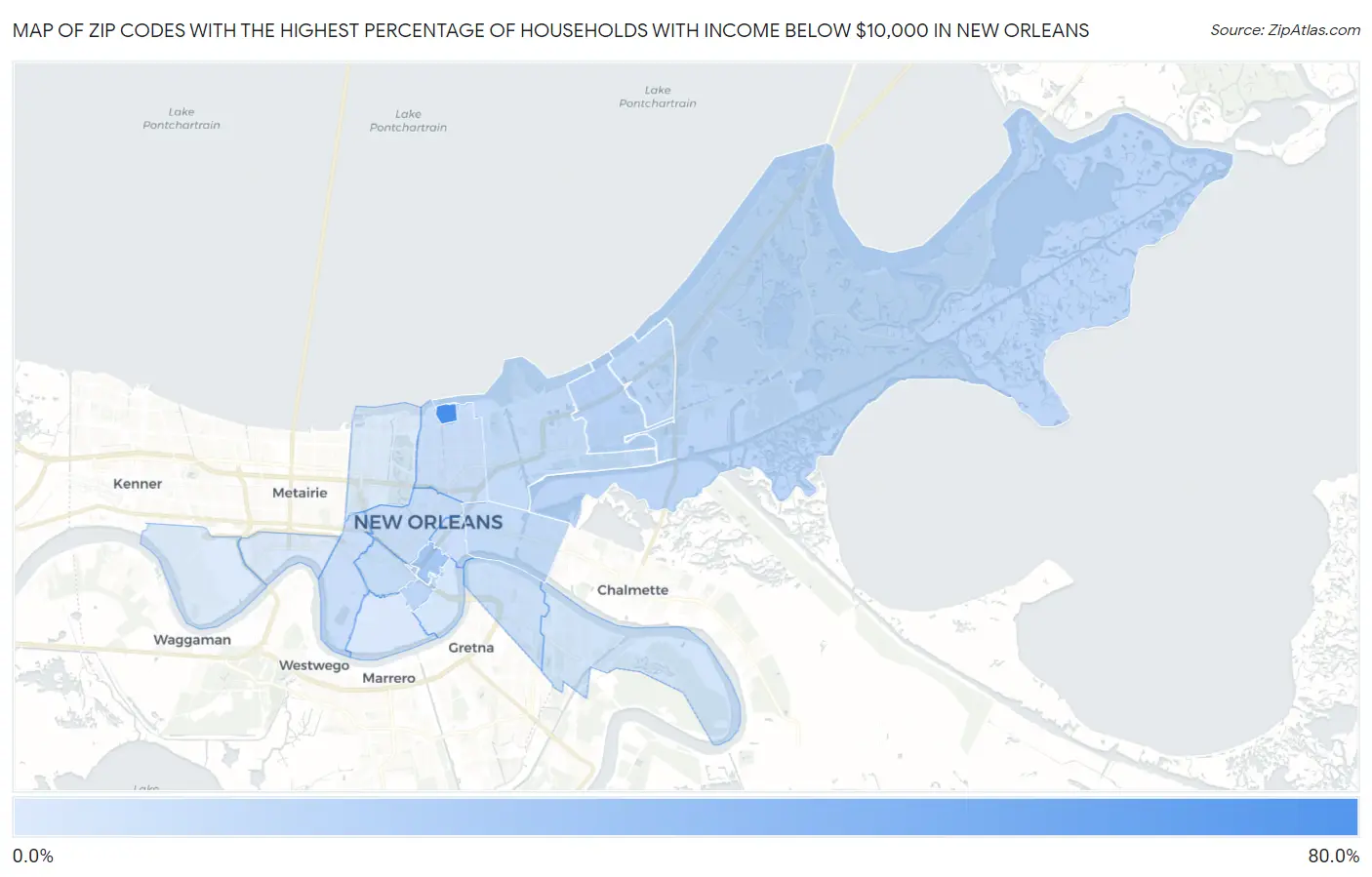 Zip Codes with the Highest Percentage of Households with Income Below $10,000 in New Orleans Map