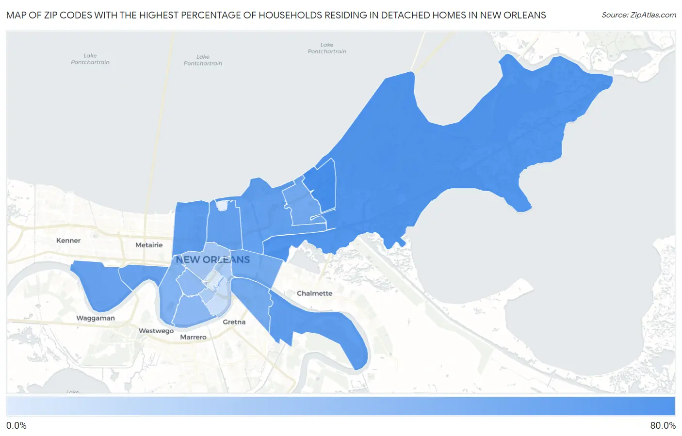 Zip Codes with the Highest Percentage of Households Residing in Detached Homes in New Orleans Map