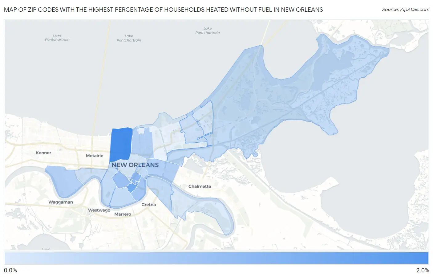Zip Codes with the Highest Percentage of Households Heated without Fuel in New Orleans Map