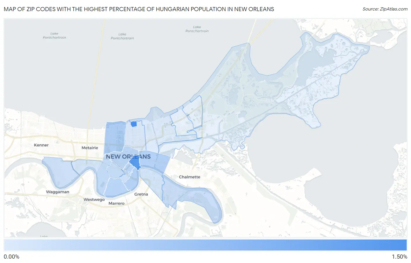 Zip Codes with the Highest Percentage of Hungarian Population in New Orleans Map