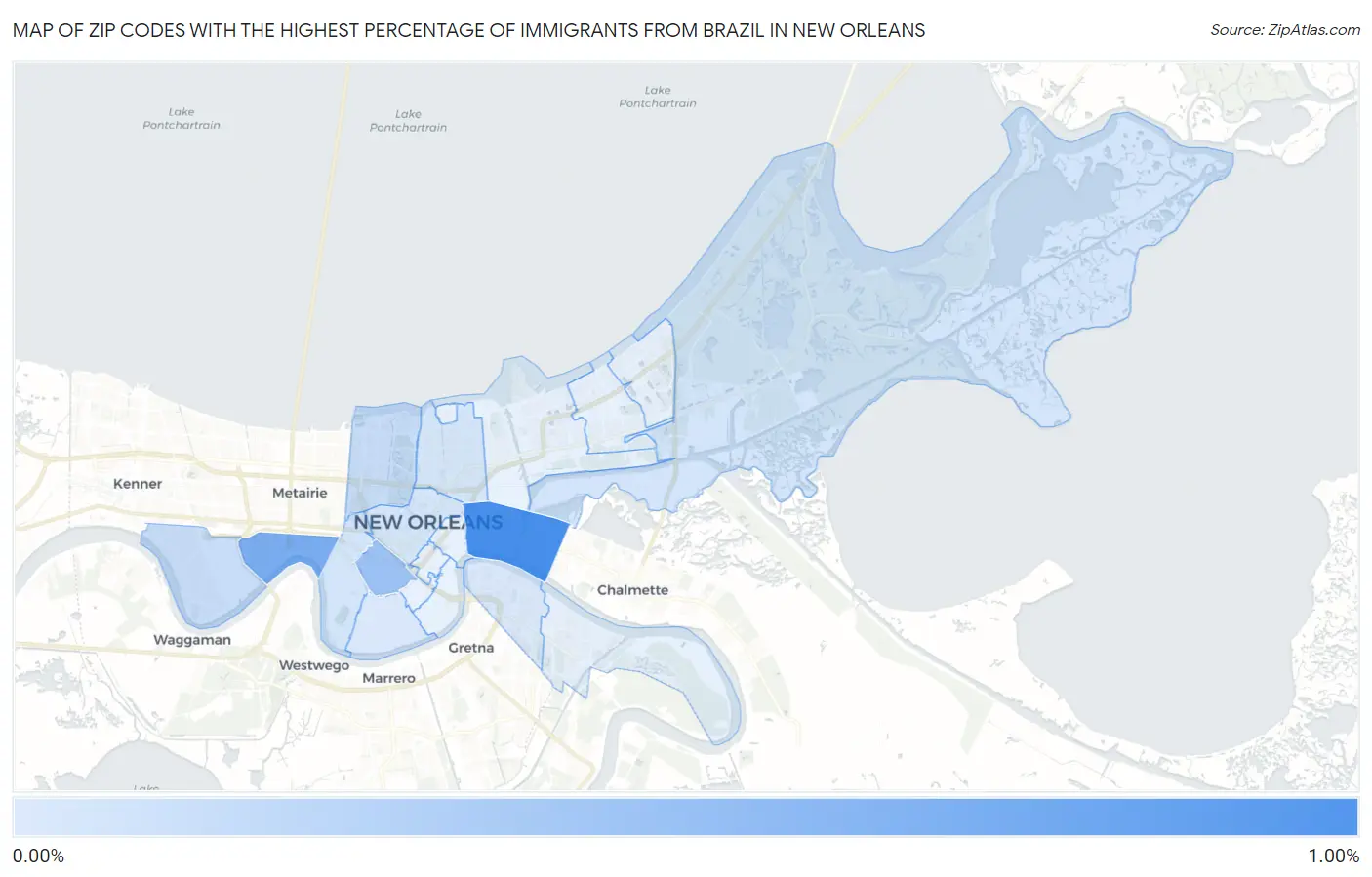 Zip Codes with the Highest Percentage of Immigrants from Brazil in New Orleans Map