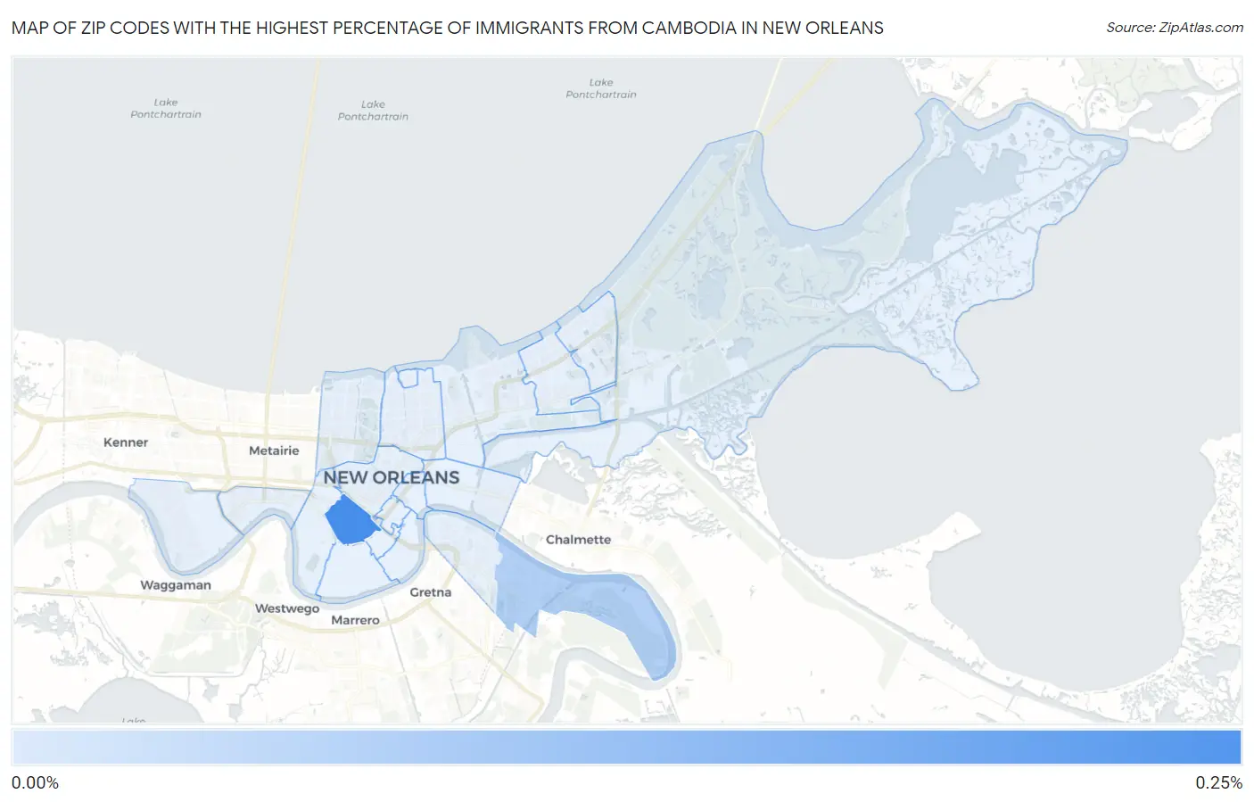 Zip Codes with the Highest Percentage of Immigrants from Cambodia in New Orleans Map