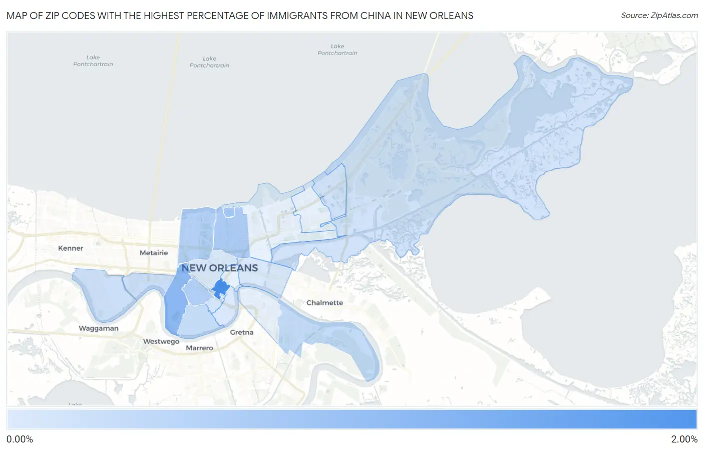 Zip Codes with the Highest Percentage of Immigrants from China in New Orleans Map