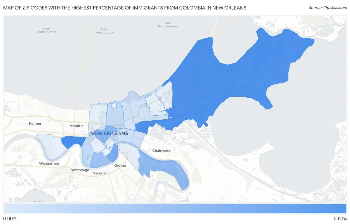 Zip Codes with the Highest Percentage of Immigrants from Colombia in New Orleans Map