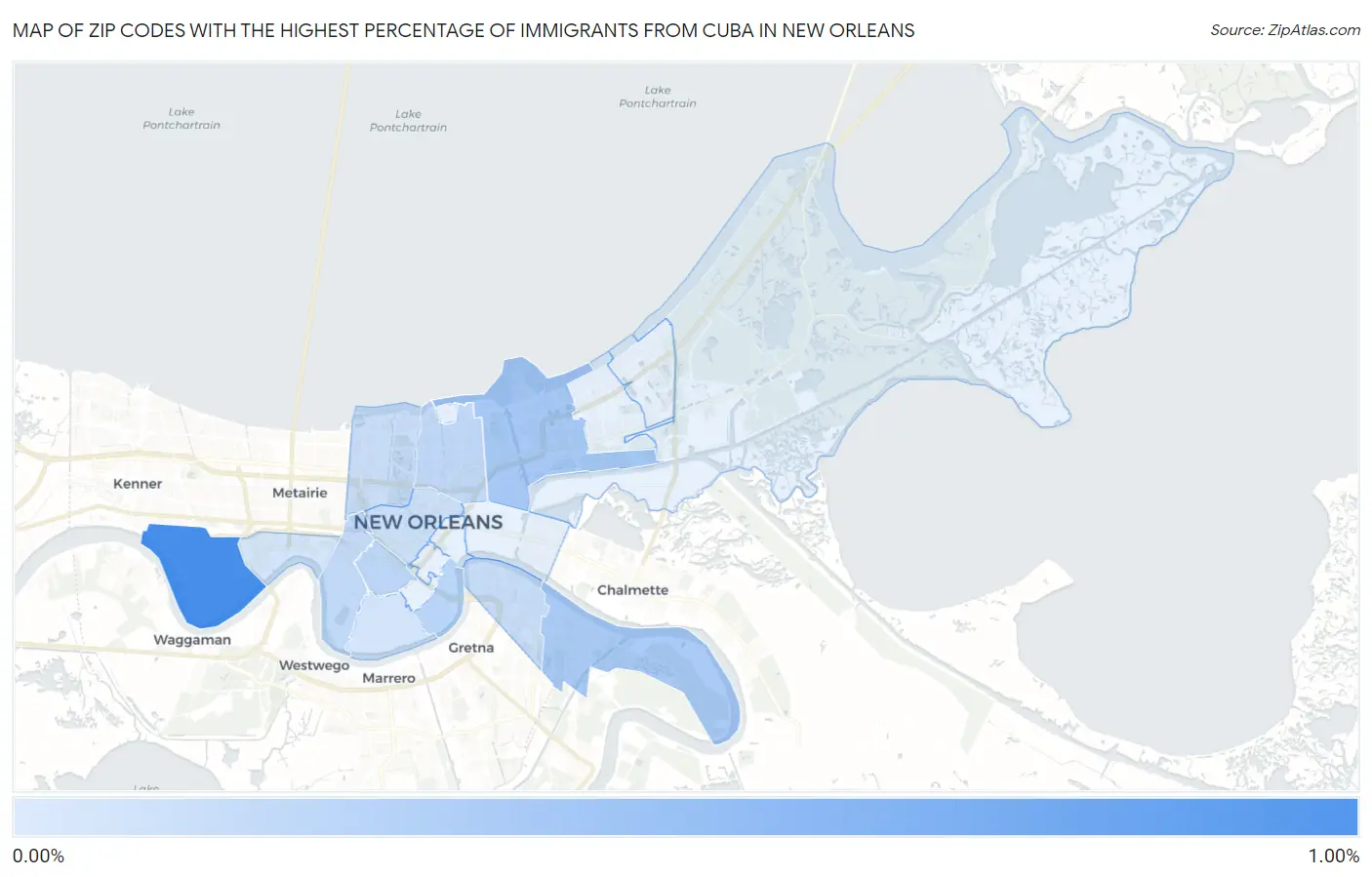 Zip Codes with the Highest Percentage of Immigrants from Cuba in New Orleans Map