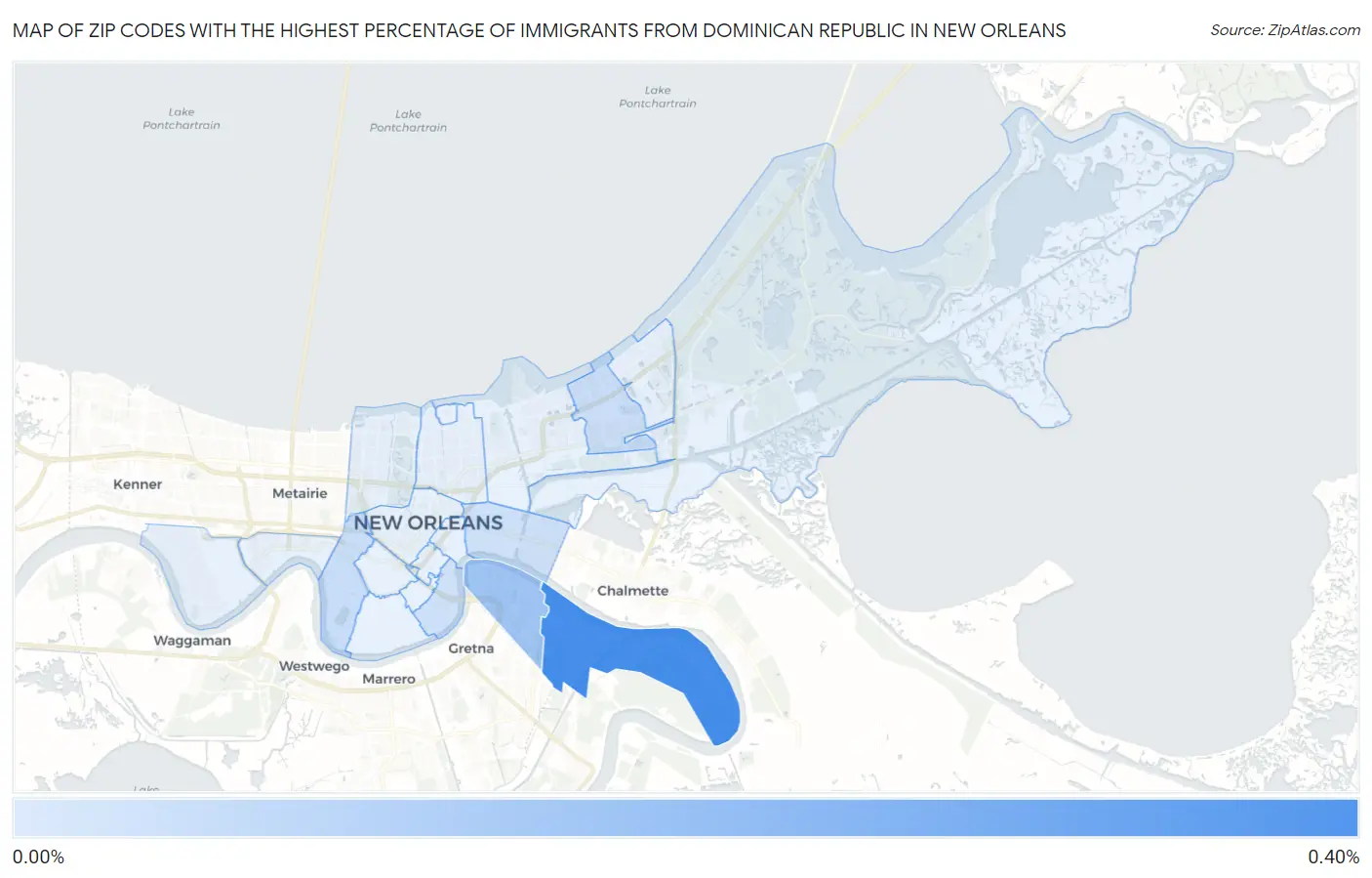 Zip Codes with the Highest Percentage of Immigrants from Dominican Republic in New Orleans Map