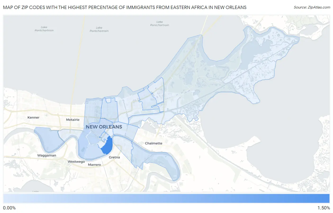 Zip Codes with the Highest Percentage of Immigrants from Eastern Africa in New Orleans Map