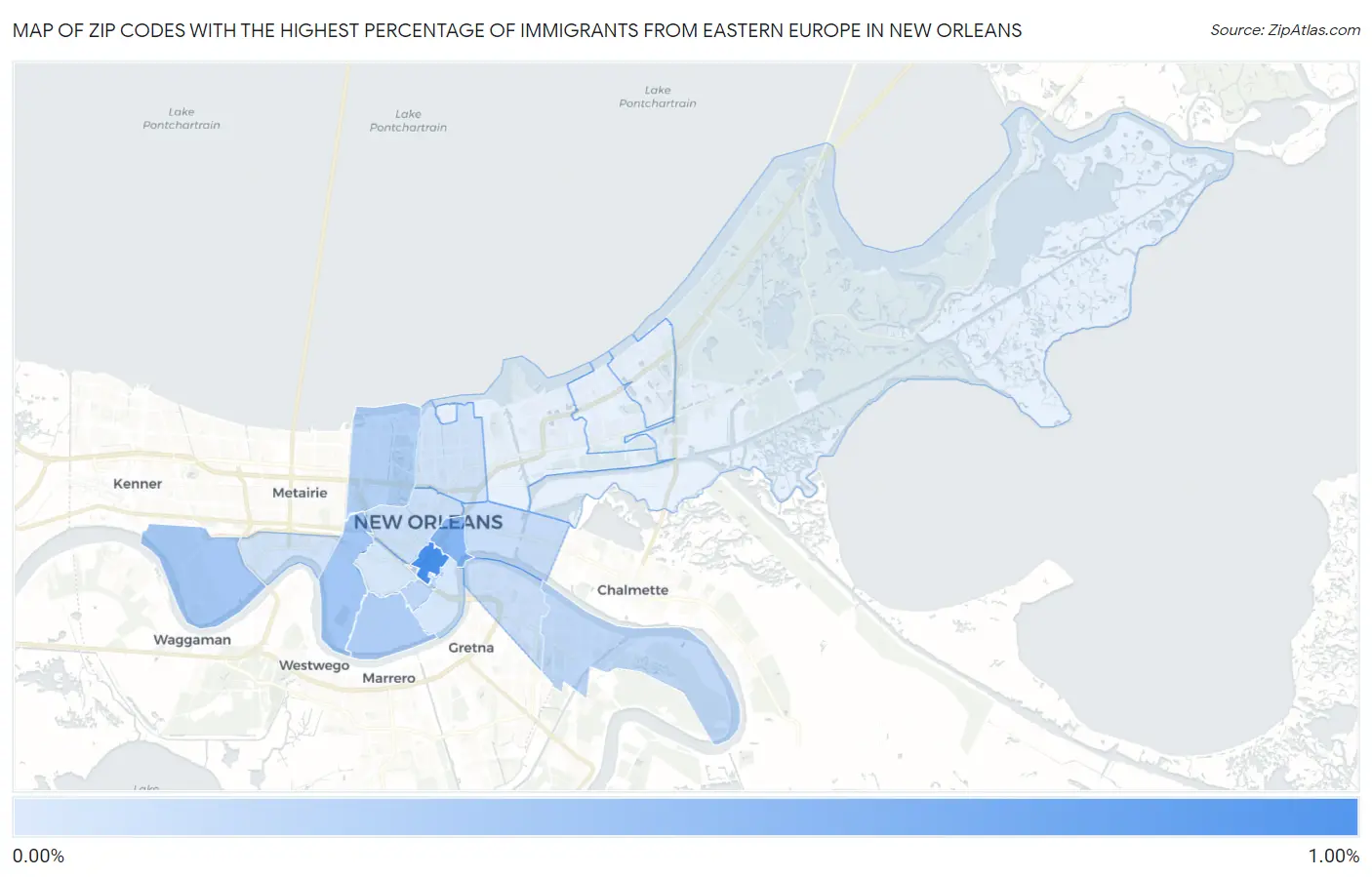 Zip Codes with the Highest Percentage of Immigrants from Eastern Europe in New Orleans Map