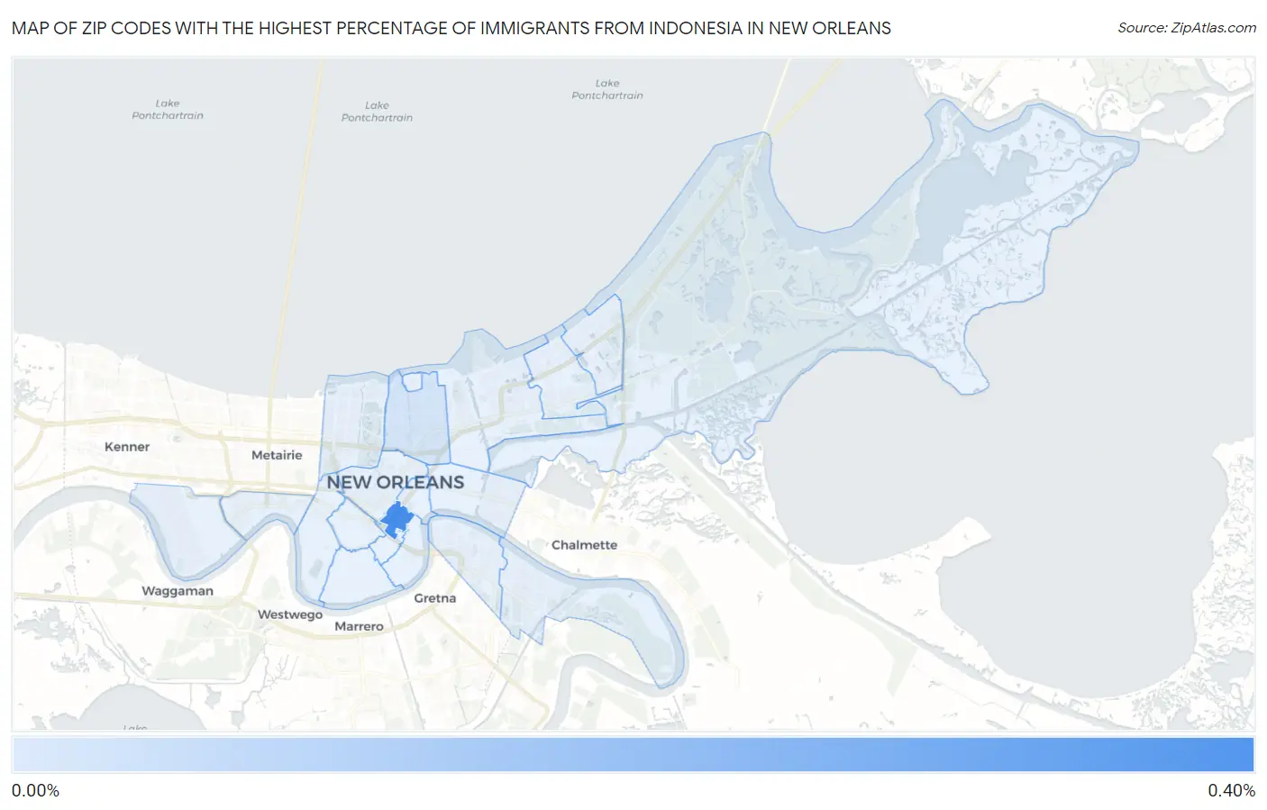 Zip Codes with the Highest Percentage of Immigrants from Indonesia in New Orleans Map