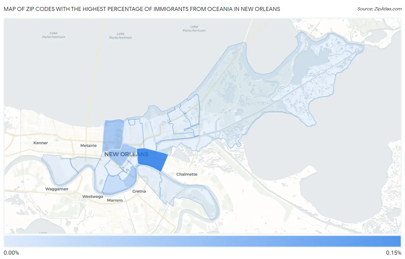Zip Codes with the Highest Percentage of Immigrants from Oceania in New Orleans Map