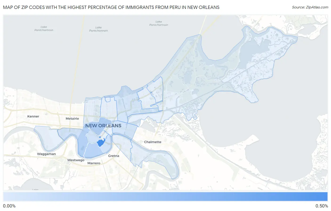Zip Codes with the Highest Percentage of Immigrants from Peru in New Orleans Map