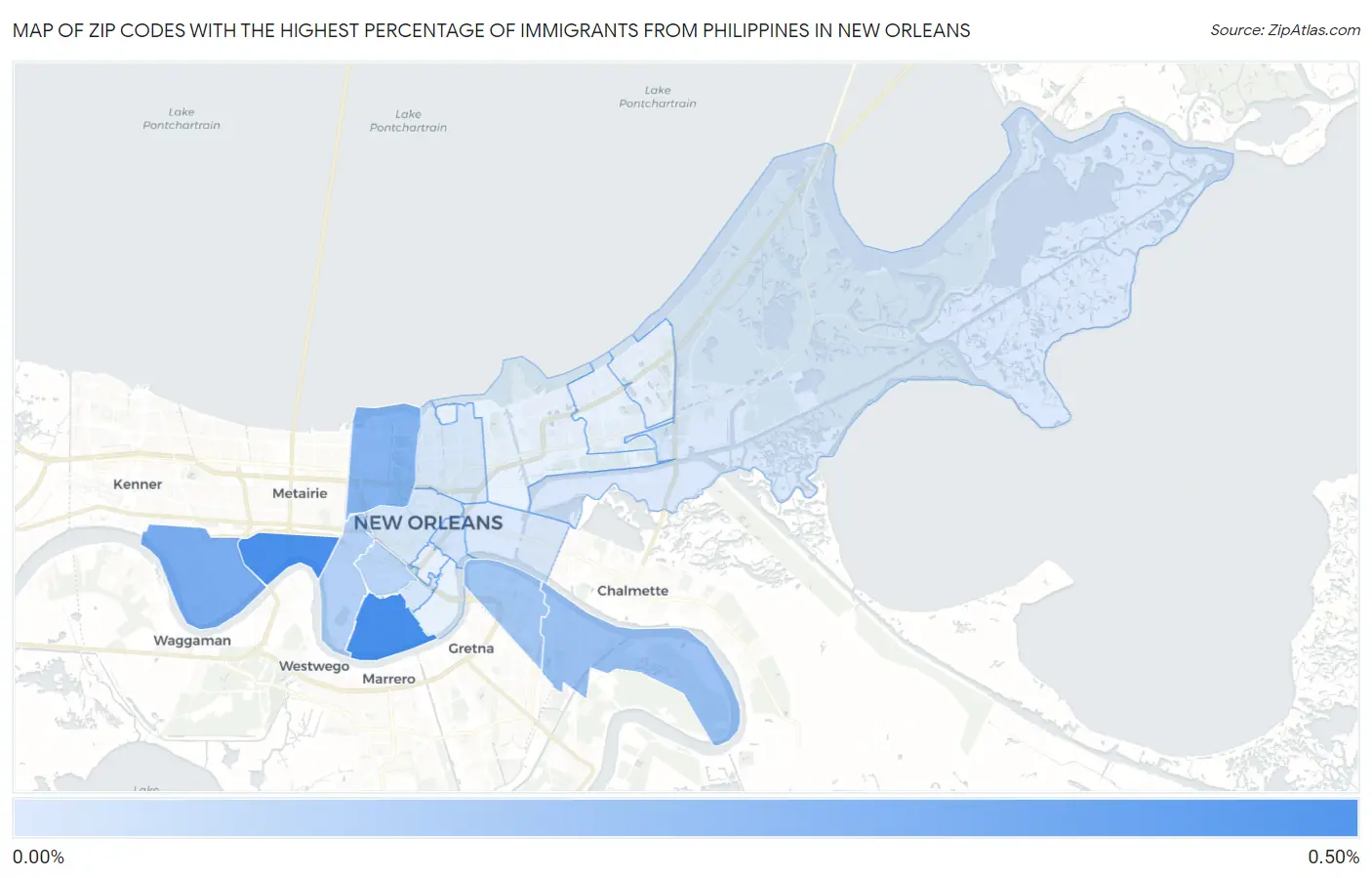 Zip Codes with the Highest Percentage of Immigrants from Philippines in New Orleans Map