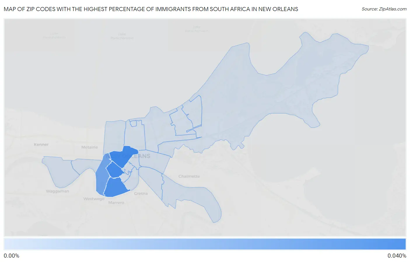 Zip Codes with the Highest Percentage of Immigrants from South Africa in New Orleans Map