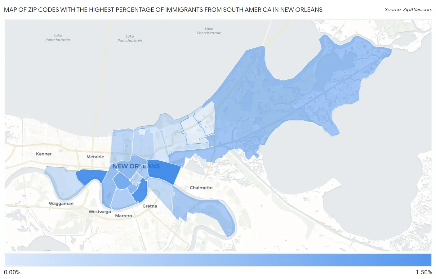 Zip Codes with the Highest Percentage of Immigrants from South America in New Orleans Map