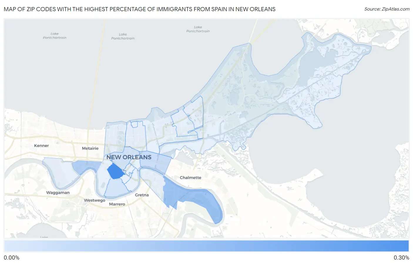 Zip Codes with the Highest Percentage of Immigrants from Spain in New Orleans Map