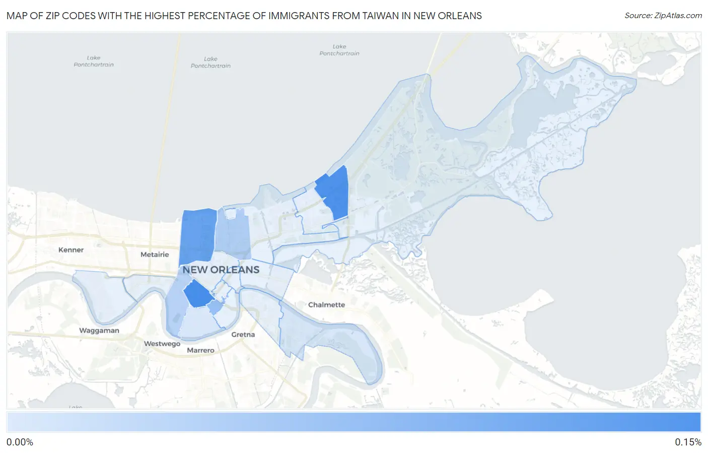 Zip Codes with the Highest Percentage of Immigrants from Taiwan in New Orleans Map