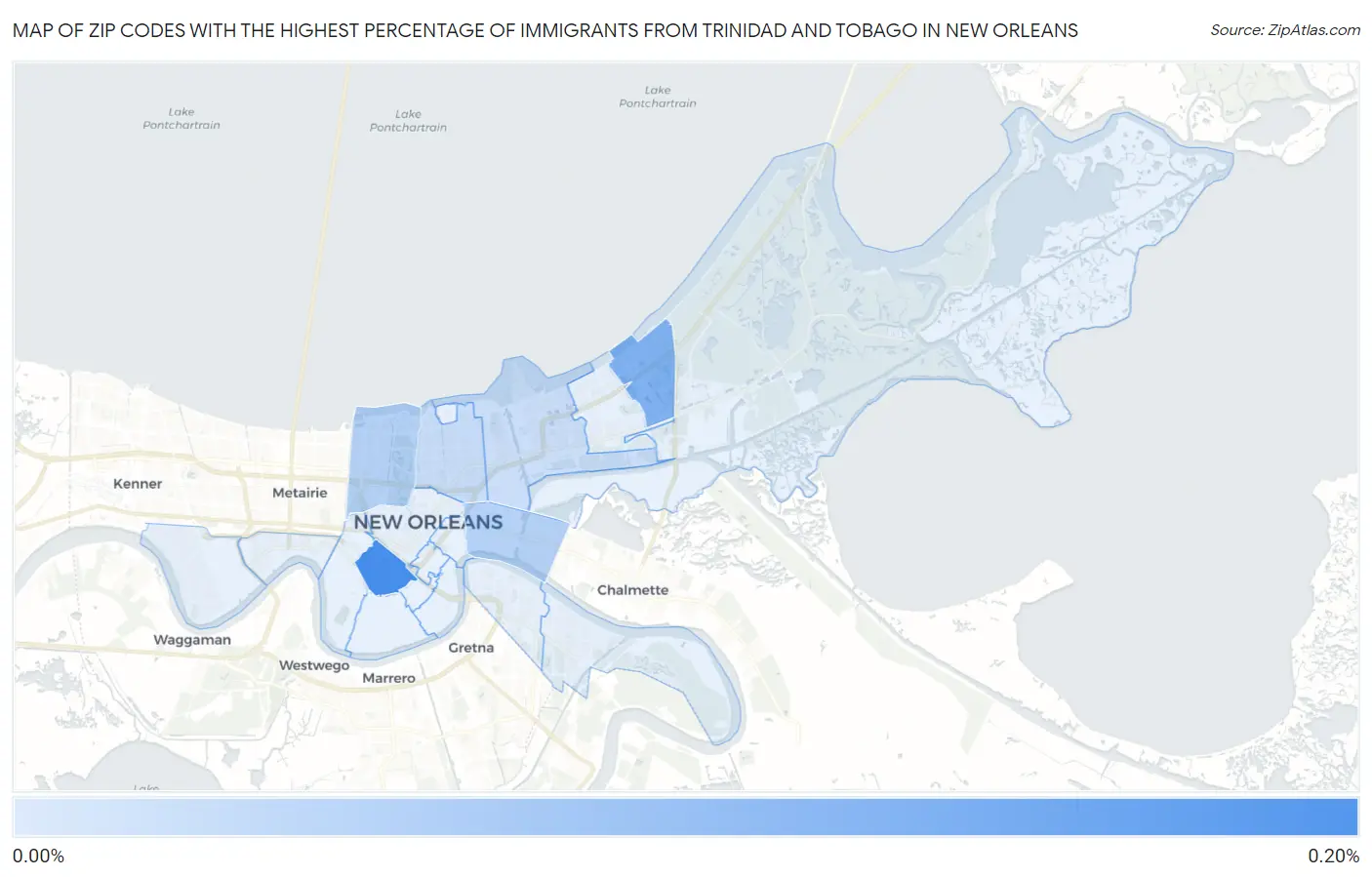 Zip Codes with the Highest Percentage of Immigrants from Trinidad and Tobago in New Orleans Map