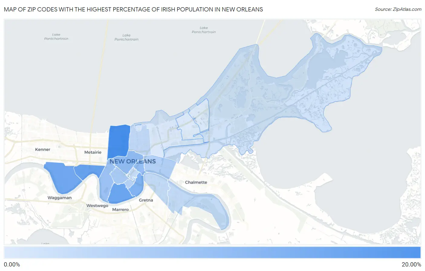 Zip Codes with the Highest Percentage of Irish Population in New Orleans Map
