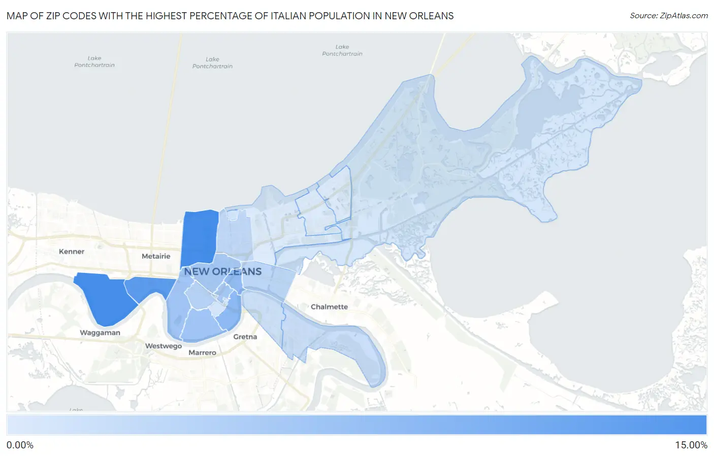 Zip Codes with the Highest Percentage of Italian Population in New Orleans Map
